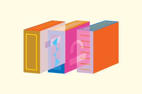 Three colorful, semi-transparent, illustrated books sit in a row