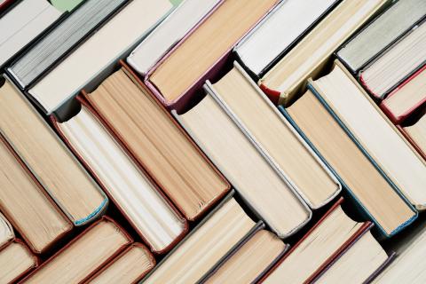 View from above of upright books in zig zag pattern