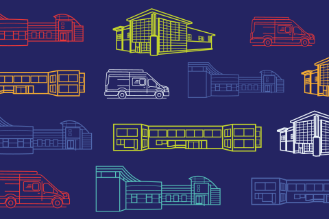 Navy blue background with multi-color illustrations of library locations