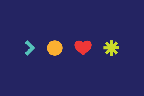 Navy blue background with 4 multi-color shapes in a row