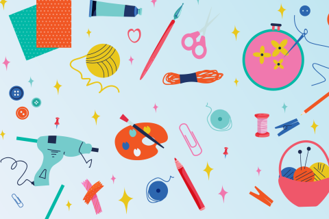 various Illustrated Craft Supplies such as paint, yarn, pens and buttons on a light blue background.