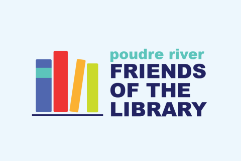 Poudre River Friends of the Library logo including the organization name and a row of colorful books