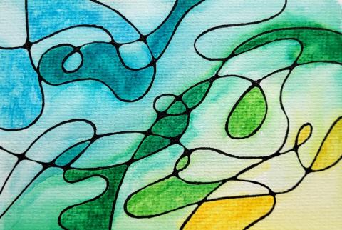 Blue, Green and Yellow watercolor painting with swirled black ink pattern on top.