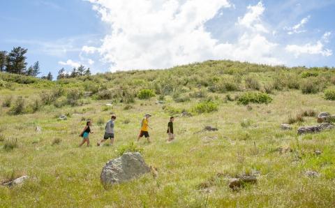 Four teens hiking on the side of a hill