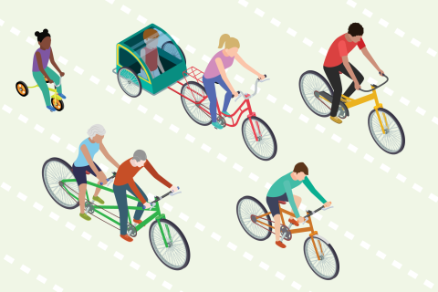 Illustration of five people of all ages biking