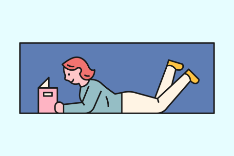 A illustration of a woman laying on her stomach in a window seat while reading