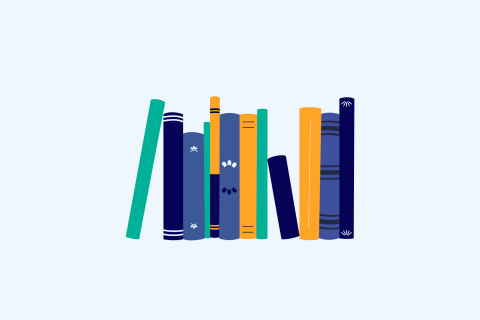 Row of illustrated book spines in assorted blues, green, and yellow