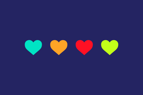 Four flat illustrations of aqua, orange, red and lime green hearts on a navy background
