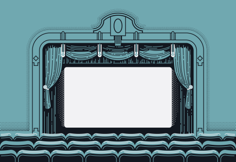 Blue, black and white illustration of a historic theater stage with the curtains drawn