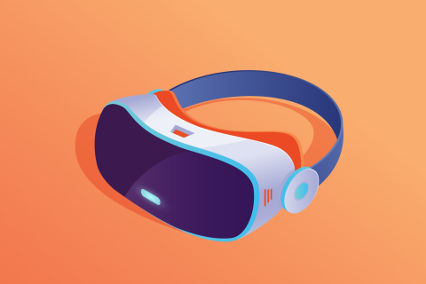 Blue, orange and white illustration of a VR headset