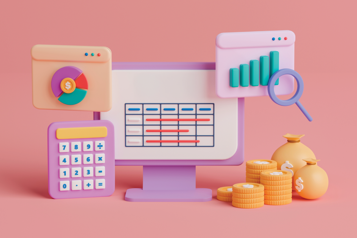 Pink background with illustration of calculator, gold pieces, graphs and computer