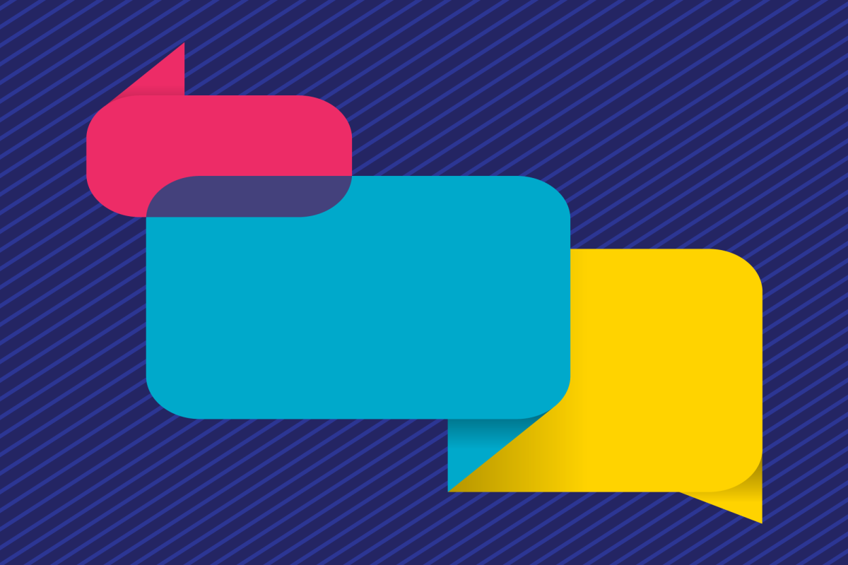 Navy blue background with three multi-color, overlapping illustrations of speech bubbles 