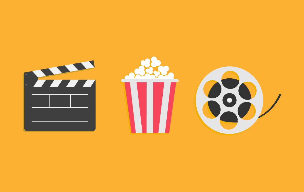 Illustrated clapperboard, popcorn bin and roll of film on a yellow background
